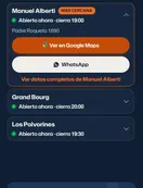 Vista en celular de Ferretería Solución con sus tres sedes, cada una con botón de WhatsApp